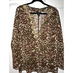 LANE BRYANT Womens PLUS 14 16 Sequined Leopard Sheer Peasant Top Shirt Blouse